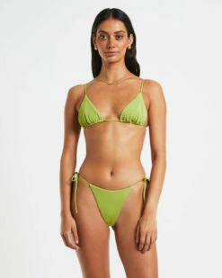 Rib Skinny Strap Triangle Bikini Top In Citrus Green