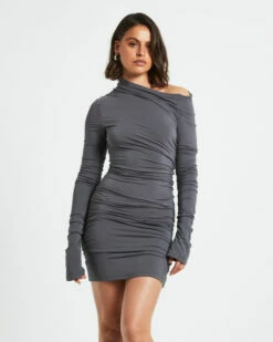Nyah Long Sleeve Mini Dress In Gunmetal Grey