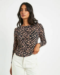 Afends Hazey Recycled Sheer Long Sleeve Top In Black Floral