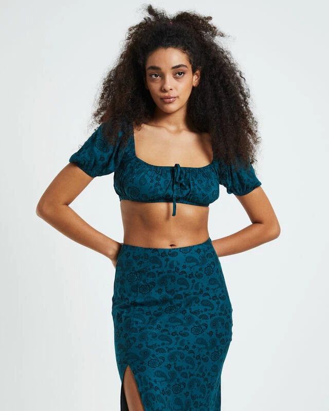 Ava Paisley Gathered Square Neck Top Green 4 Ava Paisley Gathered Square Neck Top Green - Image 2