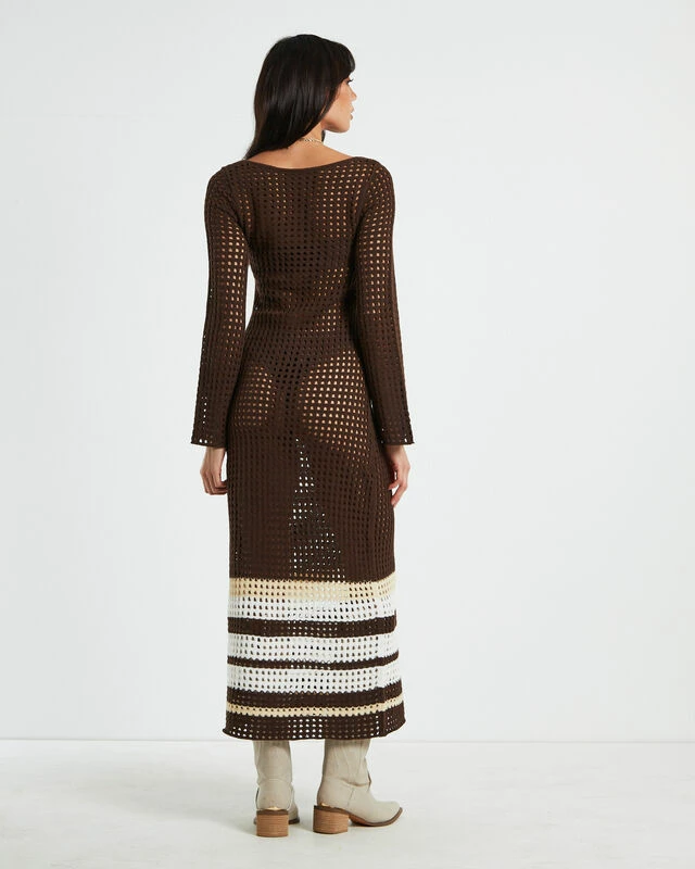Kimmy Crochet Stripe Midi Dress Chocolate In Brown 4 Kimmy Crochet Stripe Midi Dress Chocolate In Brown - Image 2