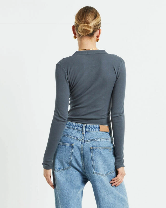 Button Front Long Sleeve Bodysuit In Slate Grey 4 Button Front Long Sleeve Bodysuit In Slate Grey - Image 2