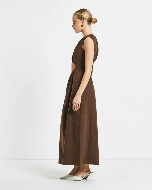 Isobel One Shoulder Cut Out Midi Dress In Chocolate 4 Isobel One Shoulder Cut Out Midi Dress In Chocolate - Image 2