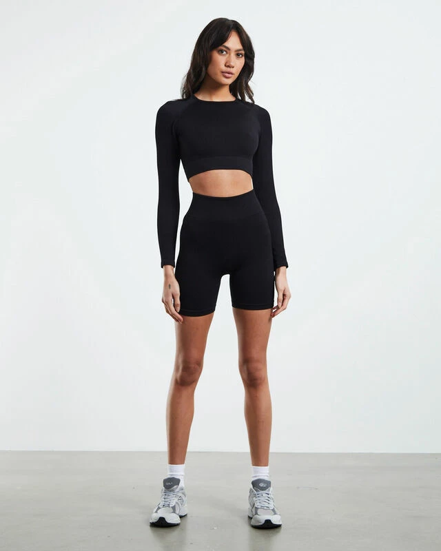 Long Sleeve Rib Crop Top Black 5 Long Sleeve Rib Crop Top Black - Image 3