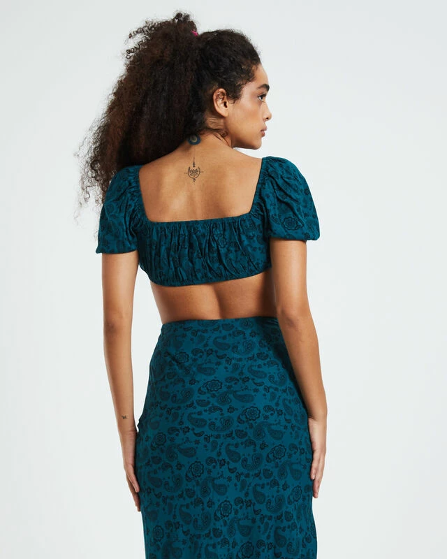 Ava Paisley Gathered Square Neck Top Green 5 Ava Paisley Gathered Square Neck Top Green - Image 3