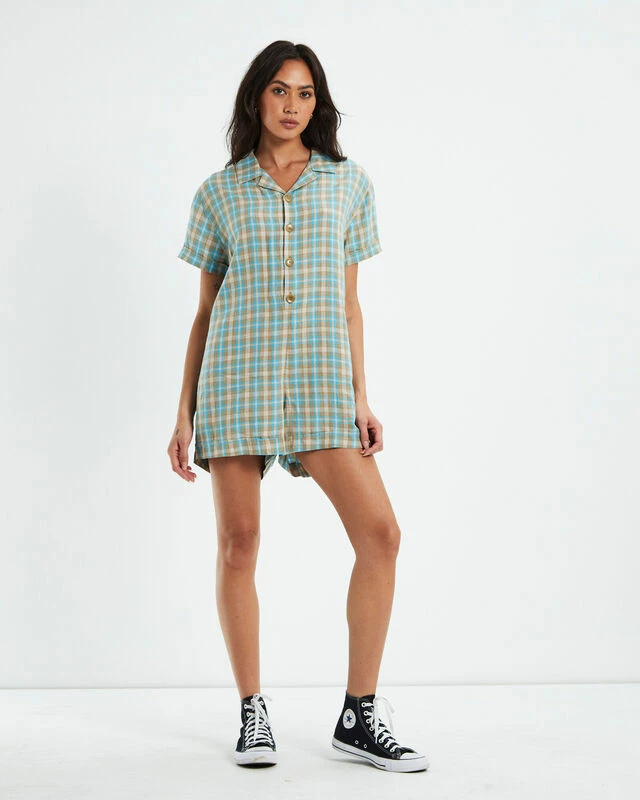 Afends Hemp Playsuit Tan Check 5 Afends Hemp Playsuit Tan Check - Image 3