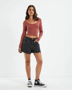 Scoop Neck Long Sleeve Crop Top Brick Red -Insight Shop 3 24578