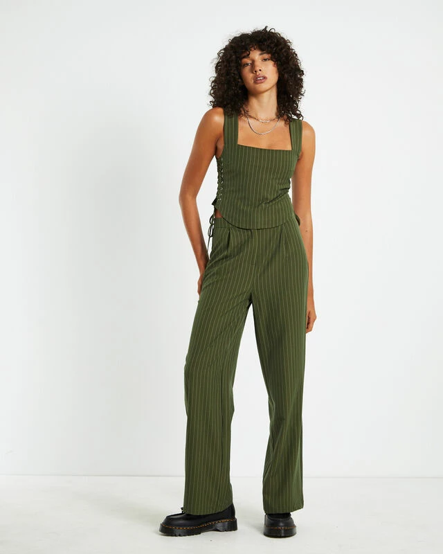 Addison Pinstripe Tie Side Corset Top Green 5 Addison Pinstripe Tie Side Corset Top Green - Image 3