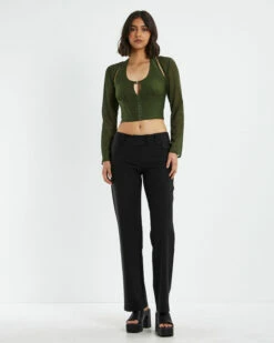 Kamali Hook Front Long Sleeve Halter Top Green -Insight Shop 3 38094