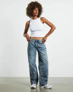 Emison Low Rise Paneled Straight Leg Jeans Faded Stone Wash Blue -Insight Shop 3 47729