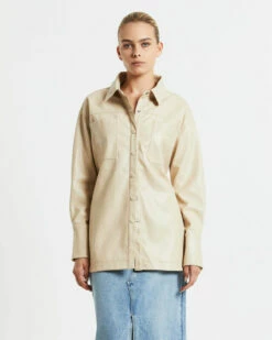 Millie PU Utility Long Sleeve Over Shirt Cream -Insight Shop 3 49075