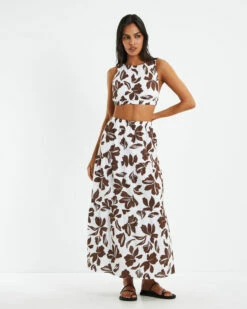 Niah Linen Tiered Midi Skirt Brown/White -Insight Shop 3 52834