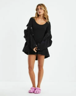 Open Neck Long Sleeve Dress Black -Insight Shop 3 53110