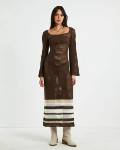 Kimmy Crochet Stripe Midi Dress Chocolate In Brown 10 Kimmy Crochet Stripe Midi Dress Chocolate In Brown -Insight Shop 3 62236
