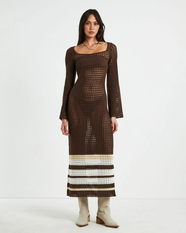 Kimmy Crochet Stripe Midi Dress Chocolate In Brown 5 Kimmy Crochet Stripe Midi Dress Chocolate In Brown - Image 3