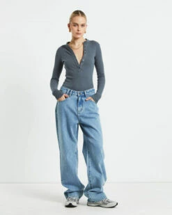 Button Front Long Sleeve Bodysuit In Slate Grey 10 Button Front Long Sleeve Bodysuit In Slate Grey -Insight Shop 3 73788