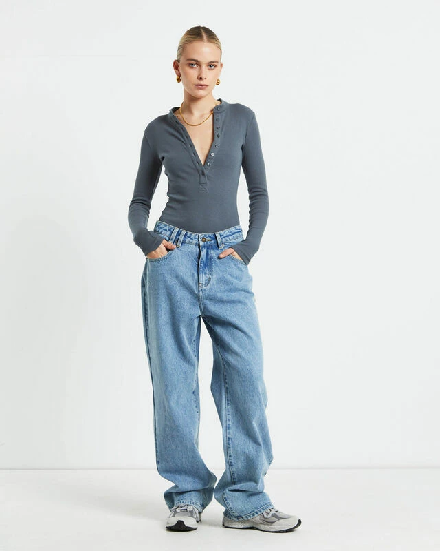 Button Front Long Sleeve Bodysuit In Slate Grey 5 Button Front Long Sleeve Bodysuit In Slate Grey - Image 3