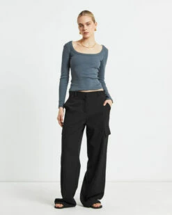 Open Neck Long Sleeve Top In Slate Grey -Insight Shop 3 73800