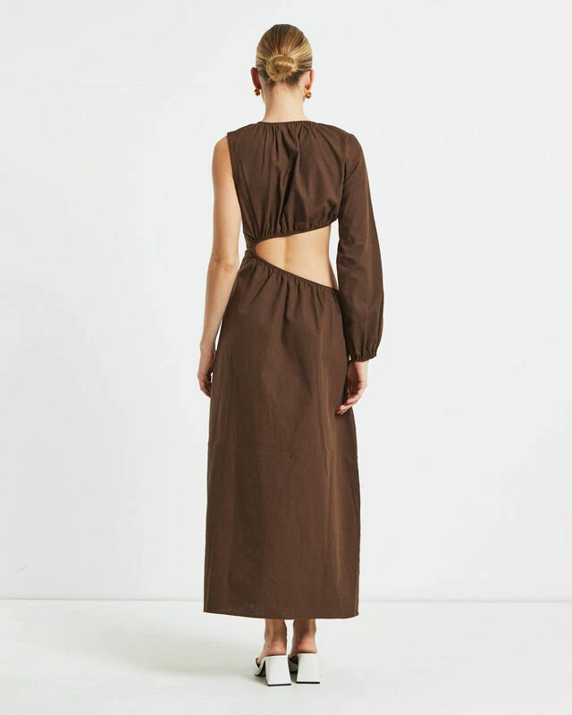 Isobel One Shoulder Cut Out Midi Dress In Chocolate 5 Isobel One Shoulder Cut Out Midi Dress In Chocolate - Image 3