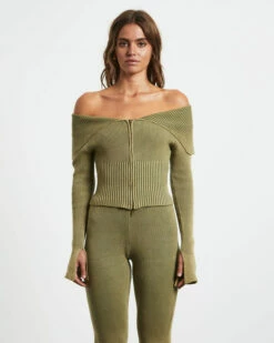 Angelique Zip Front Acid Rib Cardigan In Khaki Green 10 Angelique Zip Front Acid Rib Cardigan In Khaki Green -Insight Shop 3 73942