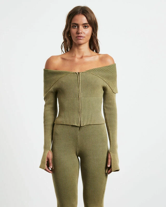 Angelique Zip Front Acid Rib Cardigan In Khaki Green 5 Angelique Zip Front Acid Rib Cardigan In Khaki Green - Image 3