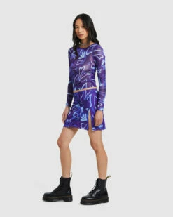 Holly Printed Mesh Long Sleeve Top Purple -Insight Shop 4 13505