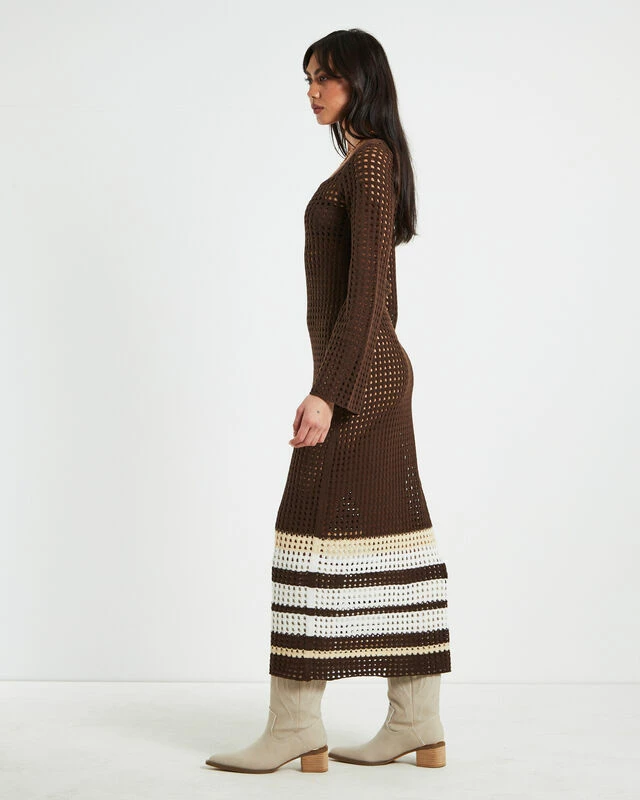 Kimmy Crochet Stripe Midi Dress Chocolate In Brown 6 Kimmy Crochet Stripe Midi Dress Chocolate In Brown - Image 4