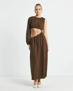 Isobel One Shoulder Cut Out Midi Dress In Chocolate 11 Isobel One Shoulder Cut Out Midi Dress In Chocolate -Insight Shop 4 73867