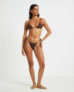 Rib Skinny Strap Triangle Bikini Top In Chocolate Brown -Insight Shop 4 74993
