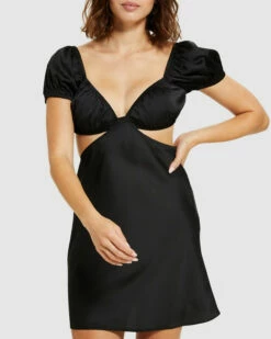Gisele Satin Puff Sleeve Dress Black -Insight Shop 5 1078