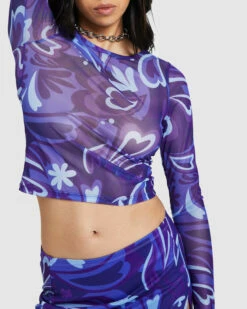 Holly Printed Mesh Long Sleeve Top Purple -Insight Shop 5 13506