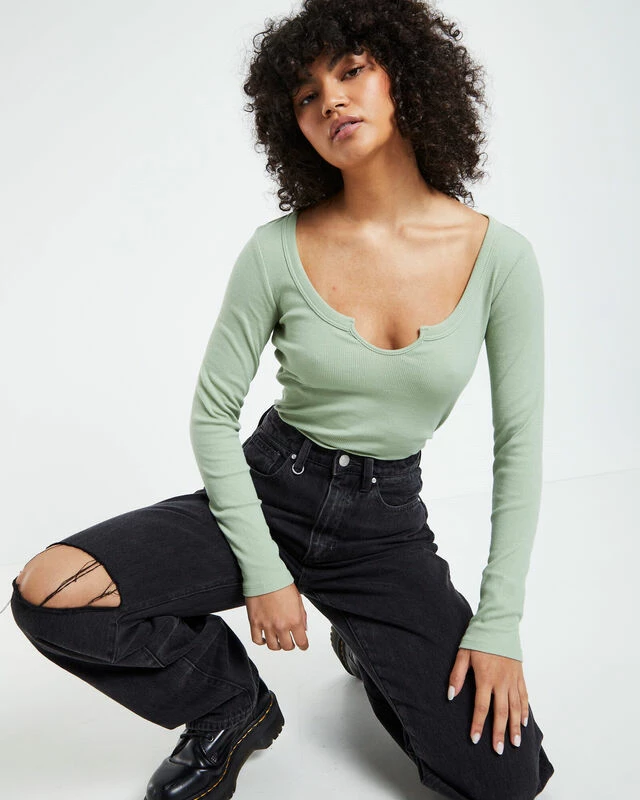 Deep V-Neck Long Sleeve Top Dusty Sage Green 7 Deep V-Neck Long Sleeve Top Dusty Sage Green - Image 5
