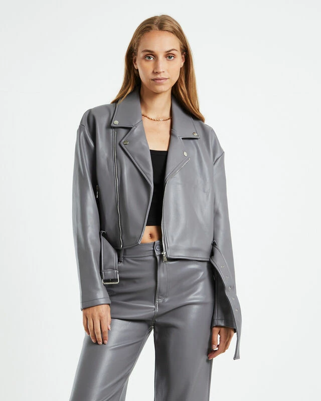 Enya Boxy PU Biker Jacket Grey 7 Enya Boxy PU Biker Jacket Grey - Image 5