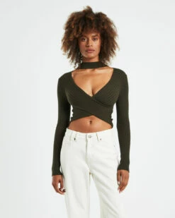 Amelia Choker Long Sleeve Top Khaki Green -Insight Shop 5 21880