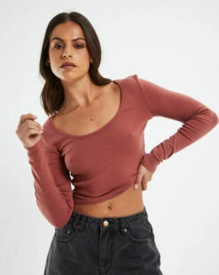 Scoop Neck Long Sleeve Crop Top Brick Red -Insight Shop 5 24580
