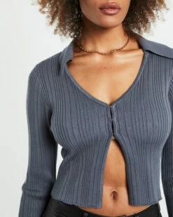 Willow Hook Front Knit Long Sleeve Top Slate Gray -Insight Shop 5 27079