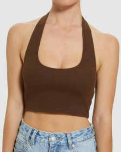 Halter Neck Rib Crop Top Chocolate Brown -Insight Shop 5 30962