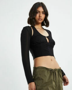 Kamali Hook Front Long Sleeve Halter Top Black -Insight Shop 5 38090