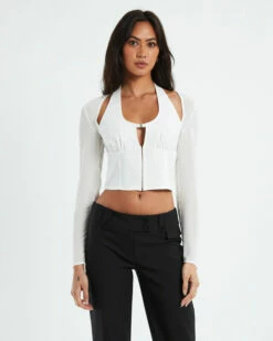Kamali Hook Front Long Sleeve Halter Top White -Insight Shop 5 45748