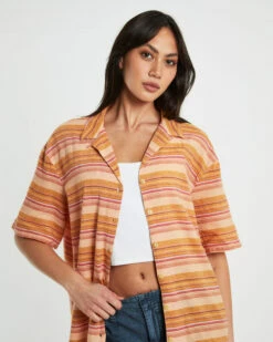 BDG Urban Outfitters BDG Nolan Bowling Shirt Stripe Orange -Insight Shop 5 61799