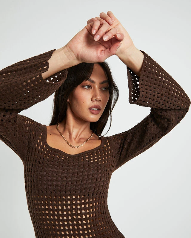 Kimmy Crochet Stripe Midi Dress Chocolate In Brown 7 Kimmy Crochet Stripe Midi Dress Chocolate In Brown - Image 5