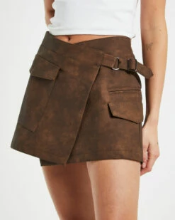Clover Moto Trim Asymmetric Warp Skirt Brown -Insight Shop 5 62309