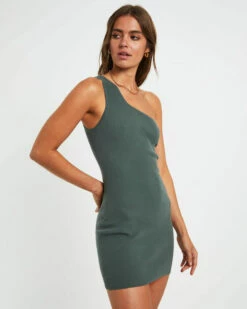 Luxe Knitted One Shoulder Mini Dress In Green -Insight Shop 5 73598