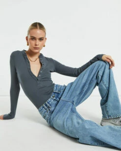 Button Front Long Sleeve Bodysuit In Slate Grey 12 Button Front Long Sleeve Bodysuit In Slate Grey -Insight Shop 5 73790