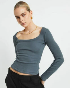 Open Neck Long Sleeve Top In Slate Grey -Insight Shop 5 73802