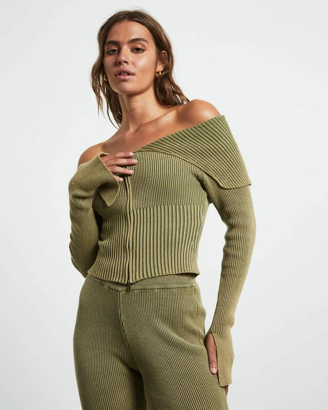 Angelique Zip Front Acid Rib Cardigan In Khaki Green 7 Angelique Zip Front Acid Rib Cardigan In Khaki Green - Image 5