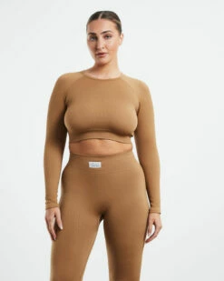 Long Sleeve Rib Crop Top Mocha Brown 13 Long Sleeve Rib Crop Top Mocha Brown -Insight Shop 6 15038