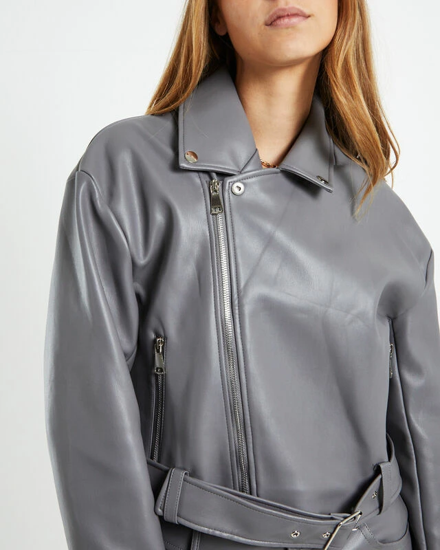 Enya Boxy PU Biker Jacket Grey 8 Enya Boxy PU Biker Jacket Grey - Image 6