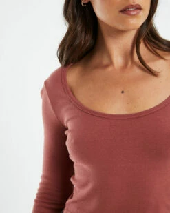 Scoop Neck Long Sleeve Crop Top Brick Red -Insight Shop 6 24581