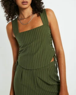 Addison Pinstripe Tie Side Corset Top Green 13 Addison Pinstripe Tie Side Corset Top Green -Insight Shop 6 37772